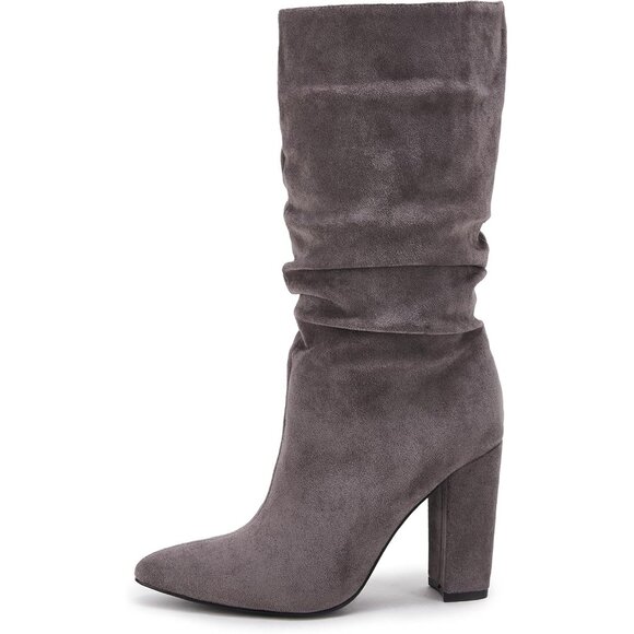 Women's Grey Suede Mid Calf High Slouchy Chunky Heel Block Pointed Toe Boots - Picture 5 of 7